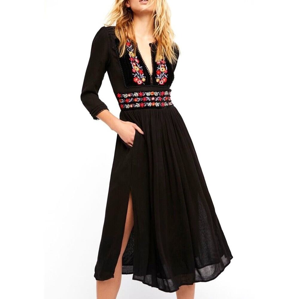 Free People Womens XS Black Midi Dress Floral Embroidered Velvet Trim Side Slit